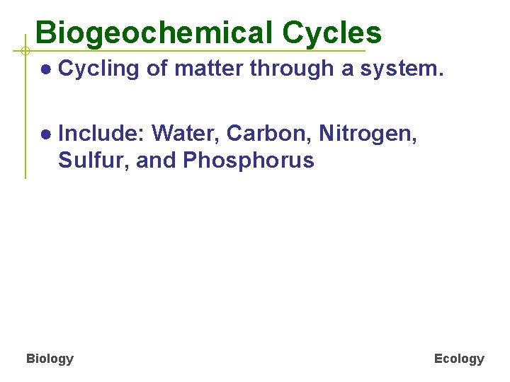 Biogeochemical Cycles ● Cycling of matter through a system. ● Include: Water, Carbon, Nitrogen,