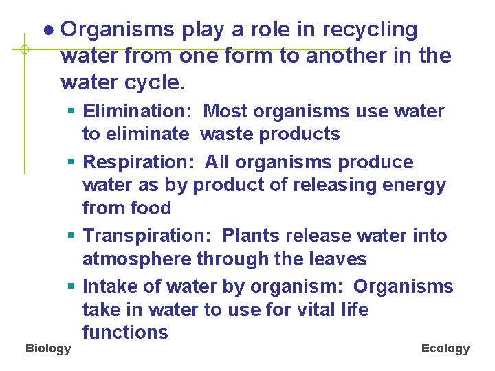 ● Organisms play a role in recycling water from one form to another in