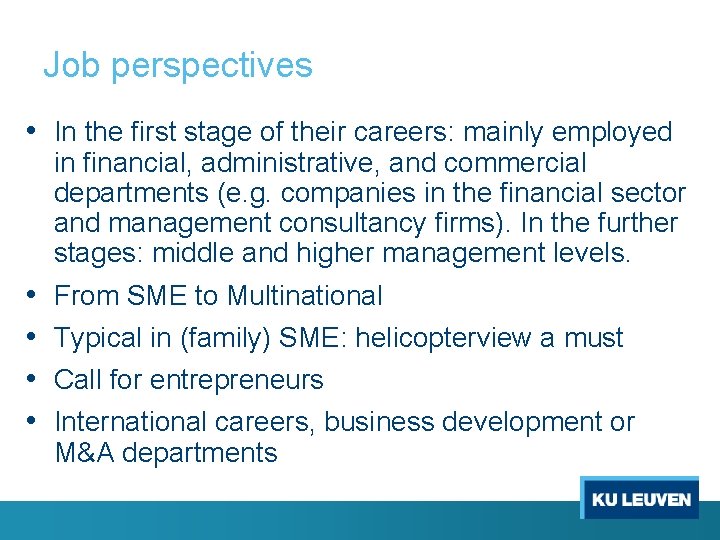 Job perspectives • In the first stage of their careers: mainly employed in financial,