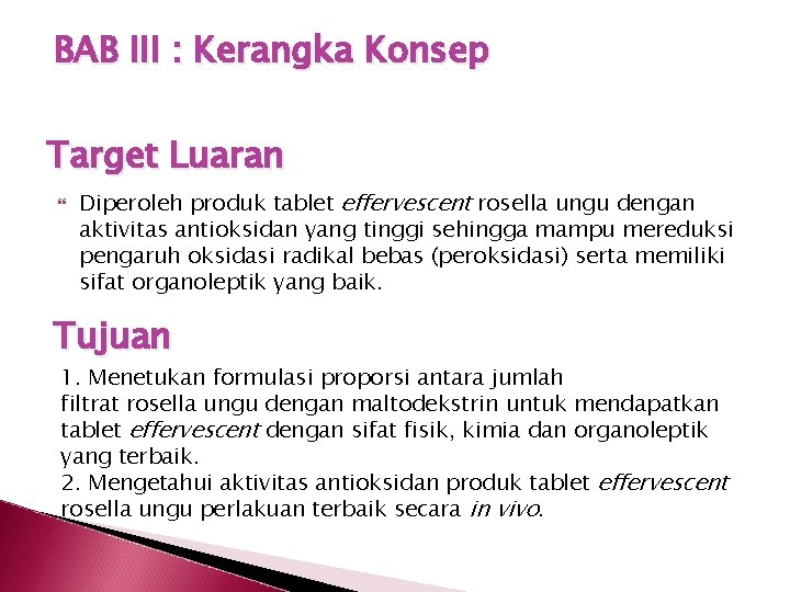 BAB III : Kerangka Konsep Target Luaran Diperoleh produk tablet effervescent rosella ungu dengan