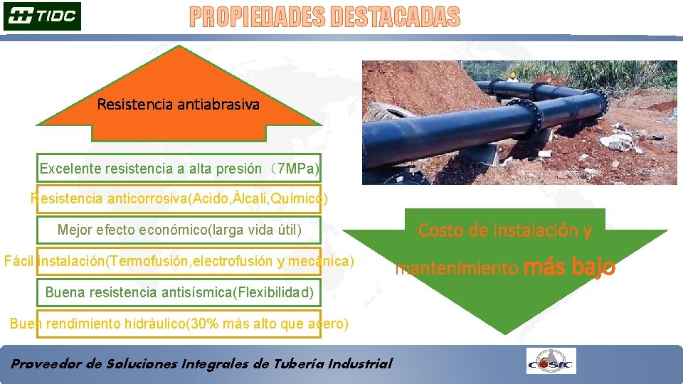 PROPIEDADES DESTACADAS Resistencia antiabrasiva Excelente resistencia a alta presión（7 MPa) Resistencia anticorrosiva(Acido, Álcali, Químico)