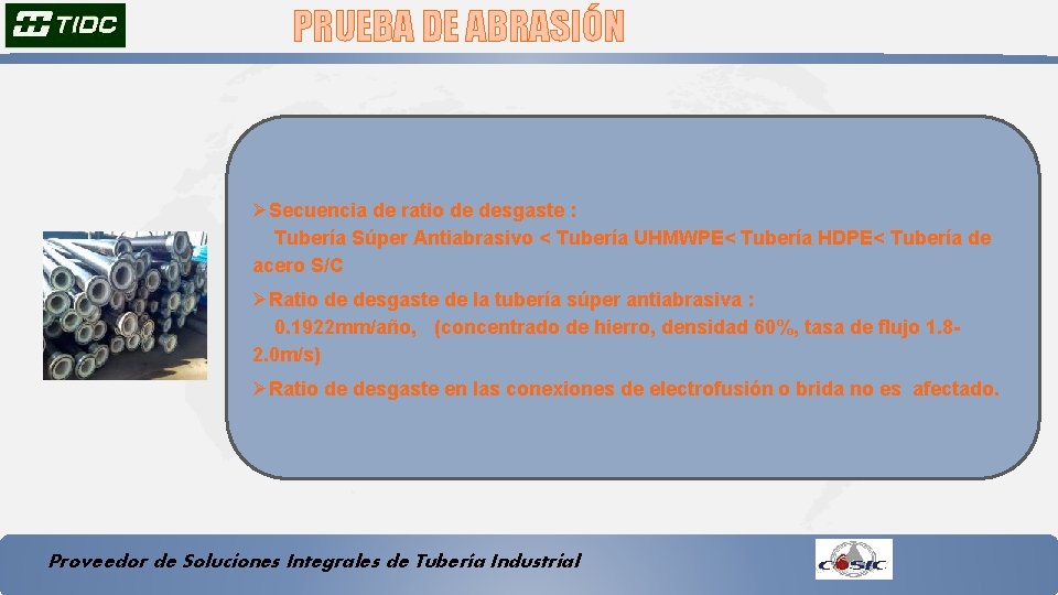 PRUEBA DE ABRASIÓN ØSecuencia de ratio de desgaste： Tubería Súper Antiabrasivo < Tubería UHMWPE<