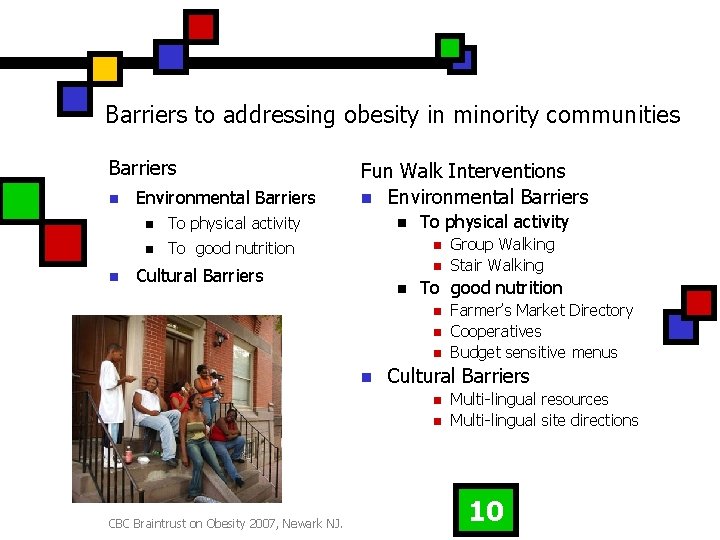 Barriers to addressing obesity in minority communities Barriers n n Environmental Barriers n To
