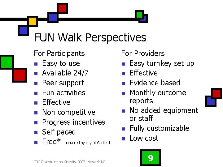 FUN Walk Perspectives For Participants n Easy to use n Available 24/7 n Peer