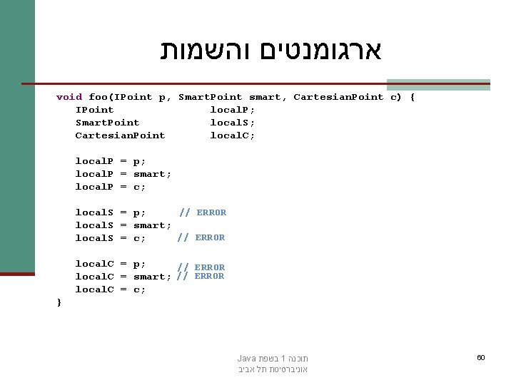  ארגומנטים והשמות void foo(IPoint p, Smart. Point smart, Cartesian. Point c) { IPoint