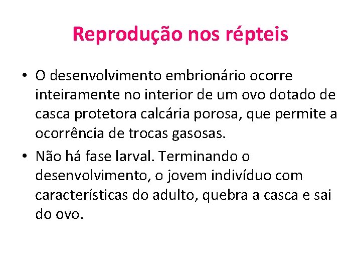 Reprodução nos répteis • O desenvolvimento embrionário ocorre inteiramente no interior de um ovo