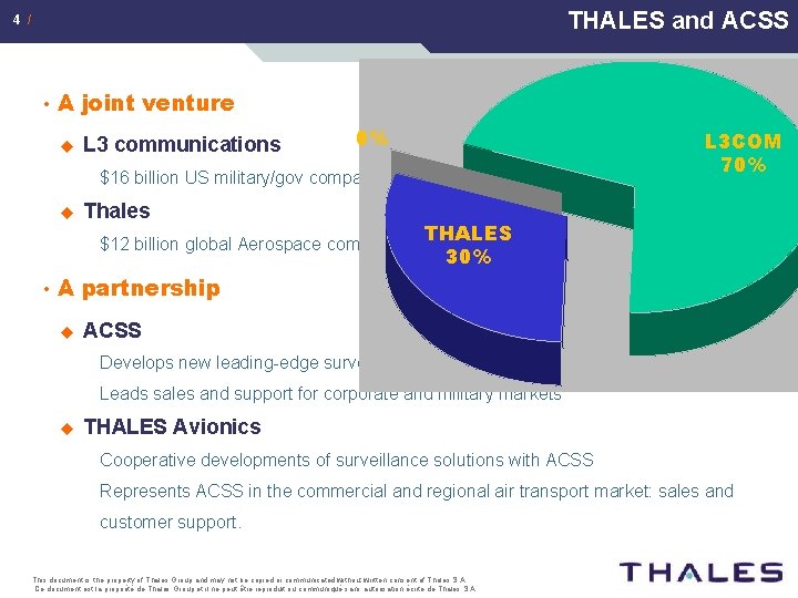 THALES and ACSS 4 / • A joint venture u L 3 communications 0%