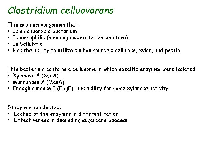 Clostridium celluovorans This is a microorganism that: • Is an anaerobic bacterium • Is