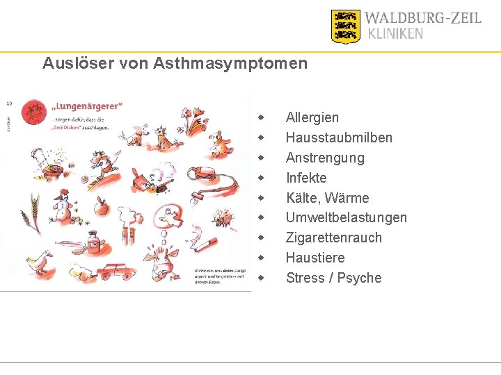 Auslöser von Asthmasymptomen w w w w w Allergien Hausstaubmilben Anstrengung Infekte Kälte, Wärme