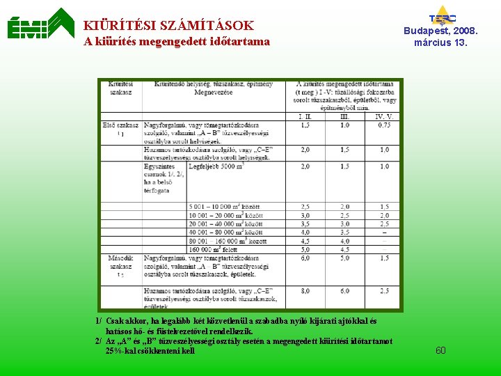 KIÜRÍTÉSI SZÁMÍTÁSOK A kiürítés megengedett időtartama 1/ Csak akkor, ha legalább két közvetlenül a