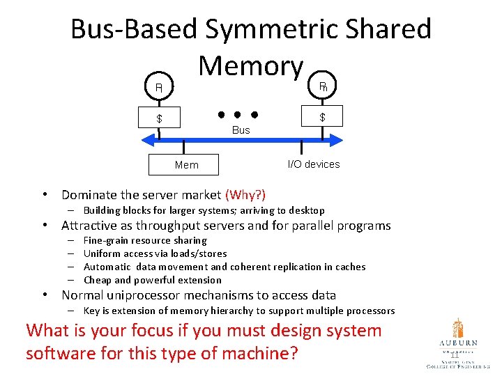 Bus-Based Symmetric Shared Memory P 1 Pn $ $ Bus Mem I/O devices •