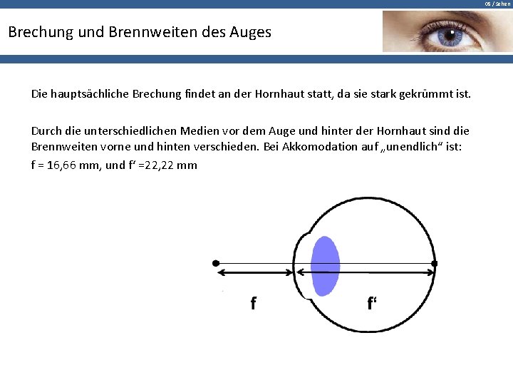 05 / Sehen Brechung und Brennweiten des Auges Die hauptsächliche Brechung findet an der