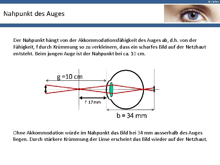 05 / Sehen Nahpunkt des Auges Der Nahpunkt hängt von der Akkommodationsfähigkeit des Auges