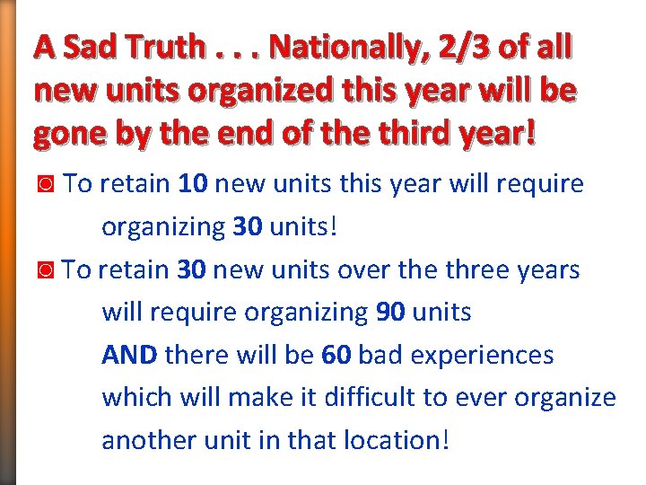 A Sad Truth. . . Nationally, 2/3 of all new units organized this year