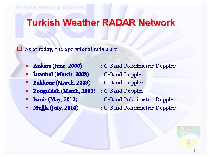 Turkish Weather RADAR Network q As of today, the operational radars are; § §
