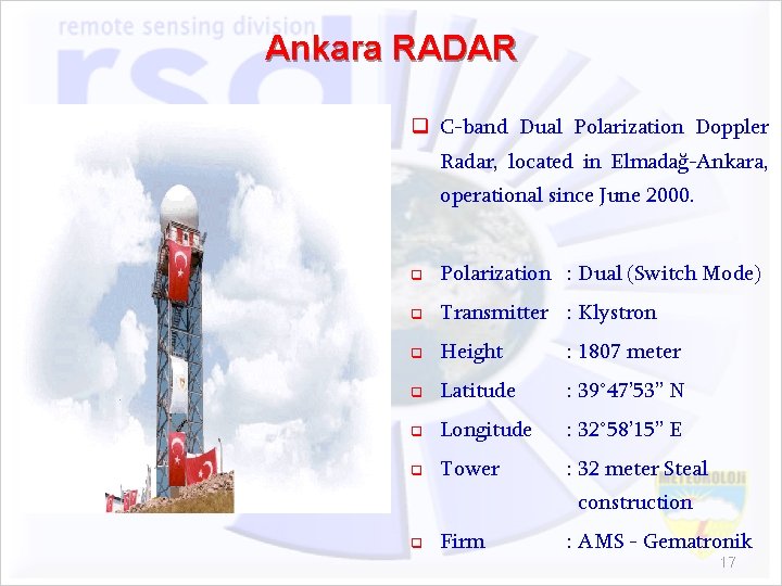 Ankara RADAR q C-band Dual Polarization Doppler Radar, located in Elmadağ-Ankara, operational since June