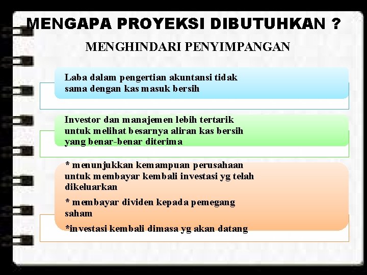 MENGAPA PROYEKSI DIBUTUHKAN ? MENGHINDARI PENYIMPANGAN Laba dalam pengertian akuntansi tidak sama dengan kas
