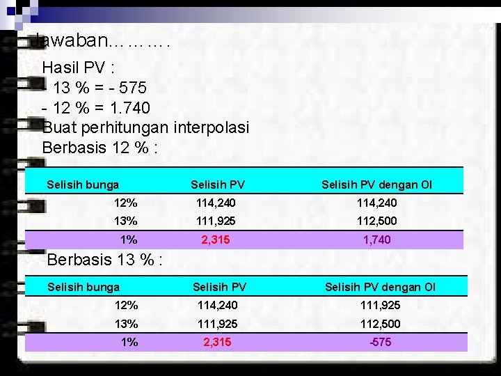 Jawaban………. Hasil PV : - 13 % = - 575 - 12 % =