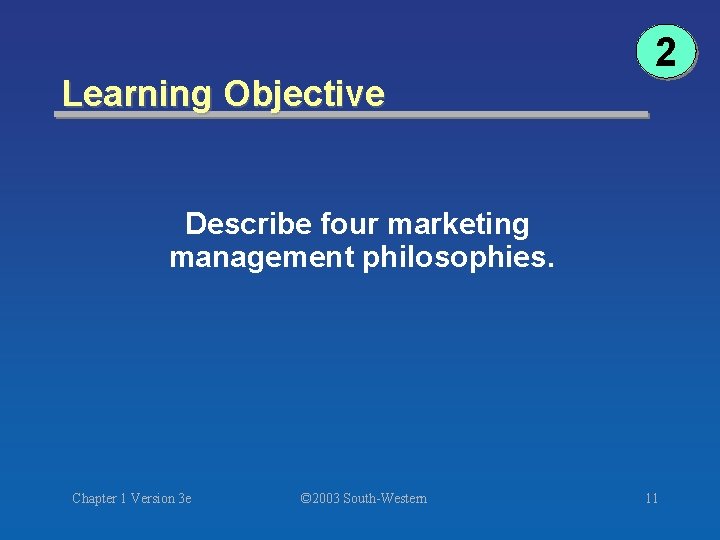 Learning Objective 2 Describe four marketing management philosophies. Chapter 1 Version 3 e ©