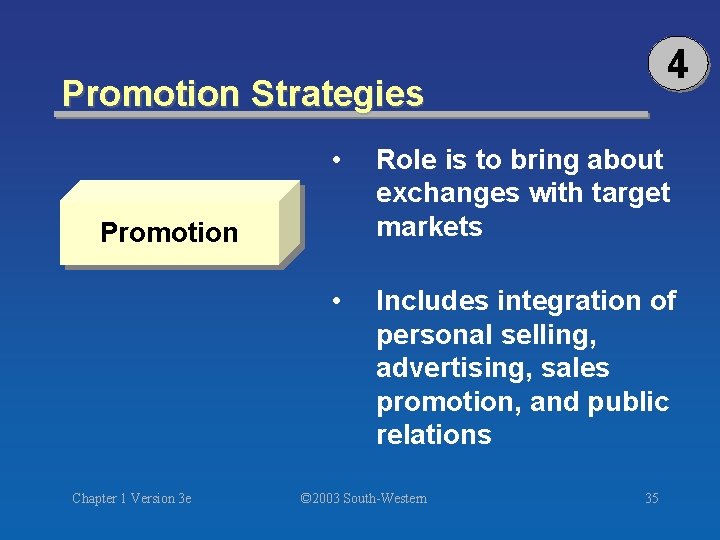 4 Promotion Strategies • Role is to bring about exchanges with target markets •