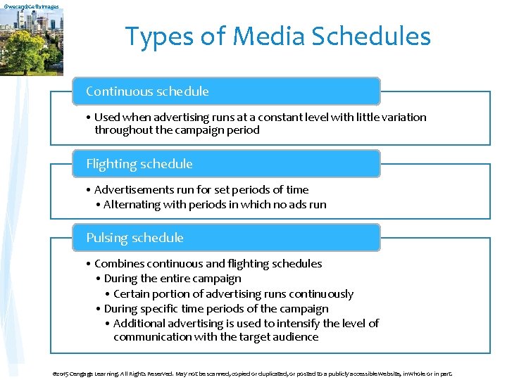 ©wecand/Getty. Images Types of Media Schedules Continuous schedule • Used when advertising runs at