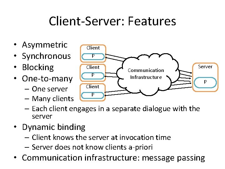 Client-Server: Features • • Asymmetric Synchronous Blocking One-to-many Client P Communication Infrastructure Server Client