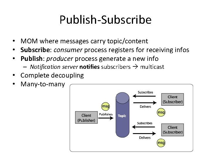 Publish-Subscribe • MOM where messages carry topic/content • Subscribe: consumer process registers for receiving