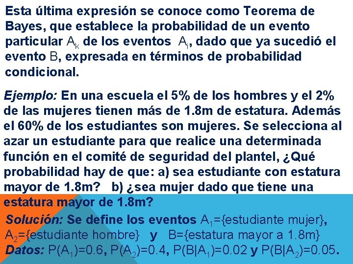 Esta última expresión se conoce como Teorema de Bayes, que establece la probabilidad de