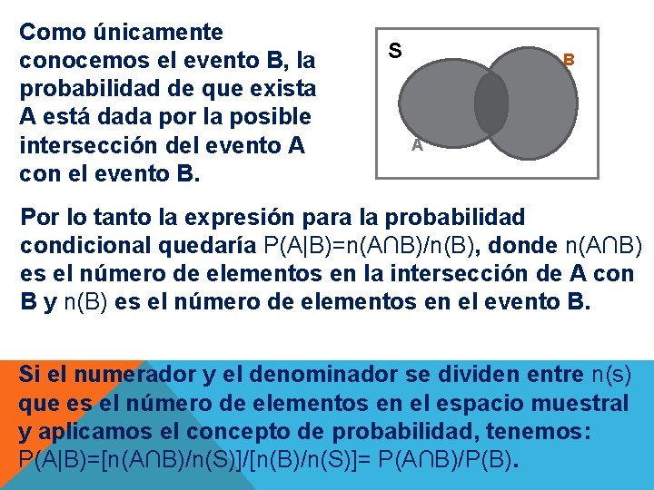 Como únicamente conocemos el evento B, la probabilidad de que exista A está dada
