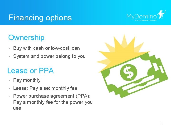 Financing options Ownership ・ Buy with cash or low-cost loan ・ System and power