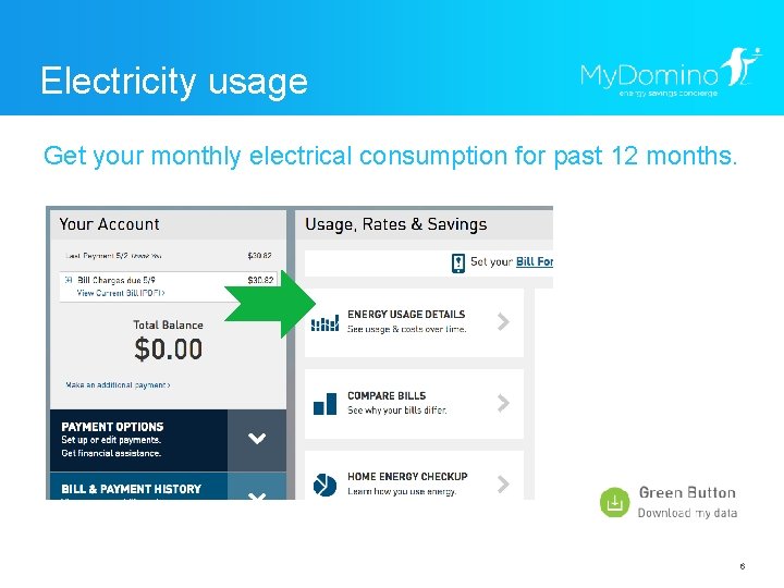 Electricity usage Get your monthly electrical consumption for past 12 months. 6 