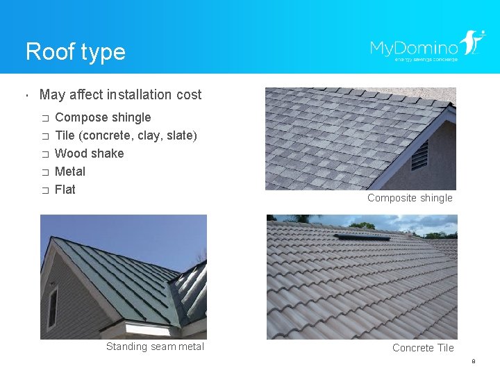 Roof type ・ May affect installation cost � � � Compose shingle Tile (concrete,