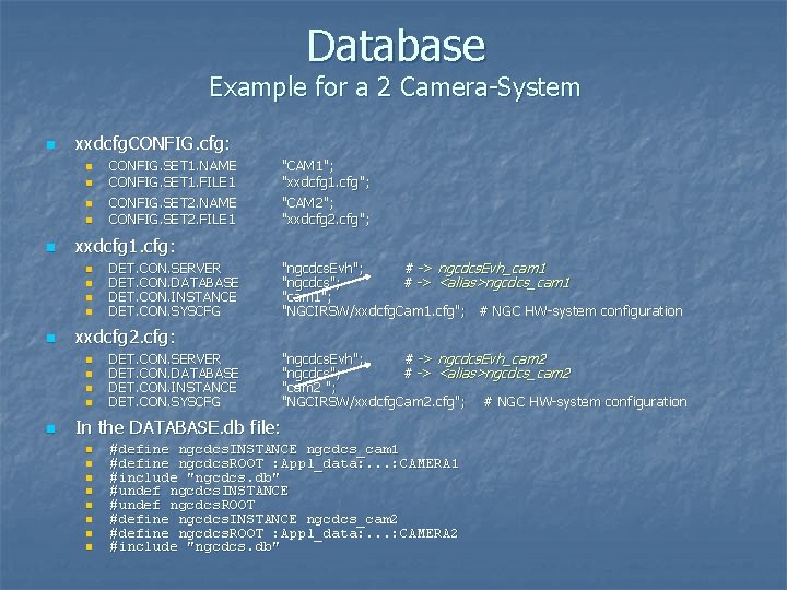 Database Example for a 2 Camera-System n xxdcfg. CONFIG. cfg: n n n DET.