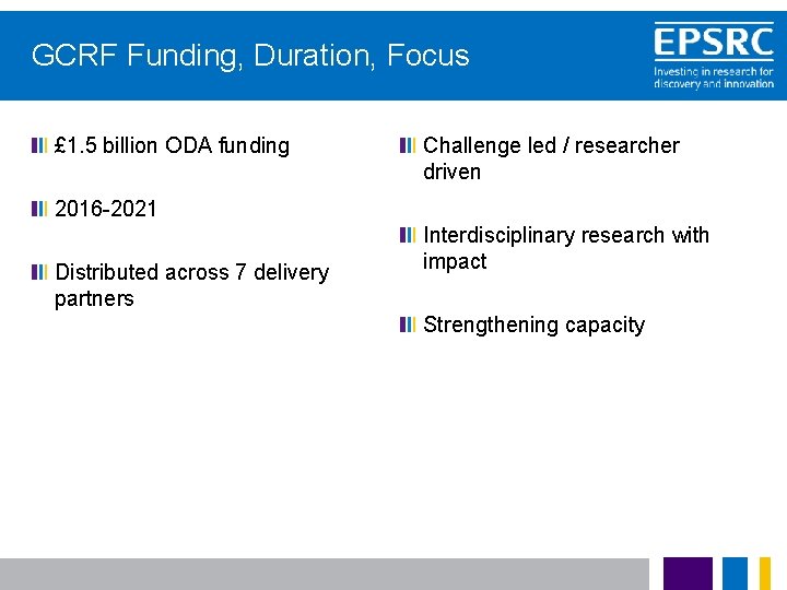  GCRF Funding, Duration, Focus £ 1. 5 billion ODA funding Challenge led /