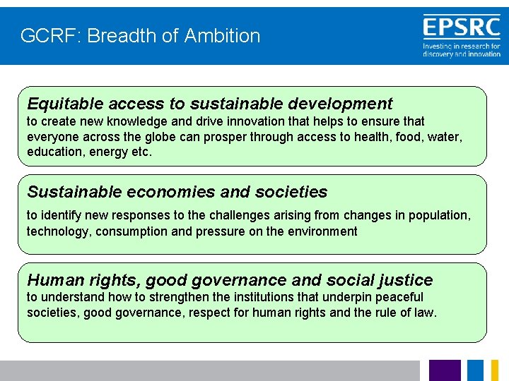 GCRF: Breadth of Ambition Equitable access to sustainable development to create new knowledge and