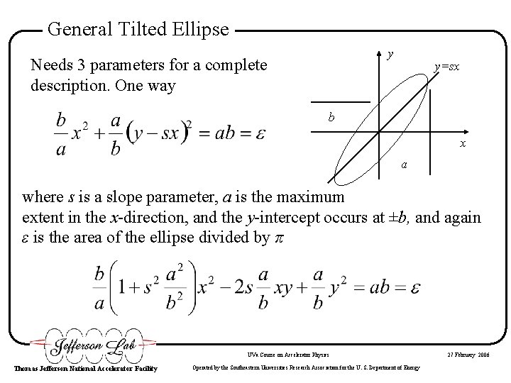 General Tilted Ellipse y Needs 3 parameters for a complete description. One way y=sx