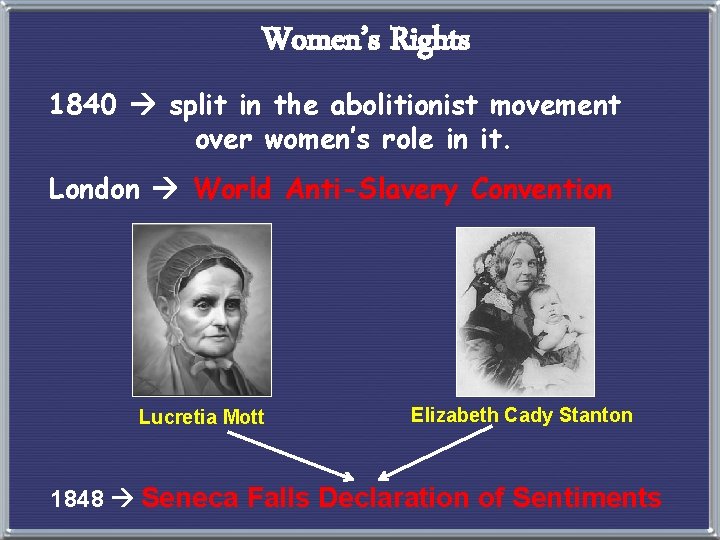 Women’s Rights 1840 split in the abolitionist movement over women’s role in it. London