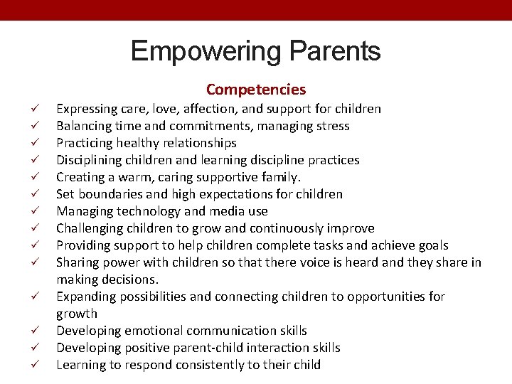 Empowering Parents Competencies ü ü ü ü Expressing care, love, affection, and support for