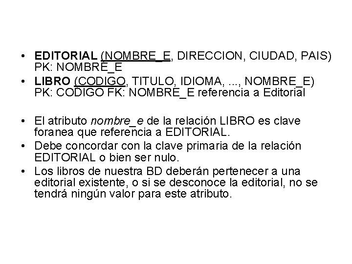  • EDITORIAL (NOMBRE_E, DIRECCION, CIUDAD, PAIS) PK: NOMBRE_E • LIBRO (CODIGO, TITULO, IDIOMA,