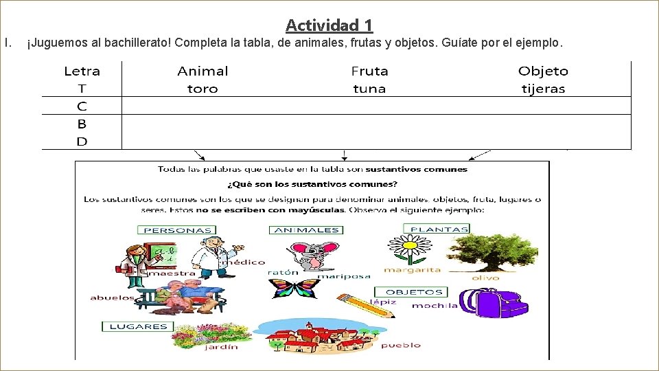 Actividad 1 I. ¡Juguemos al bachillerato! Completa la tabla, de animales, frutas y objetos.