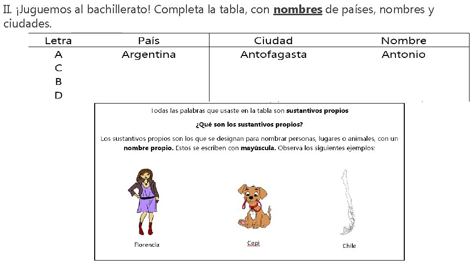 II. ¡Juguemos al bachillerato! Completa la tabla, con nombres de países, nombres y ciudades.