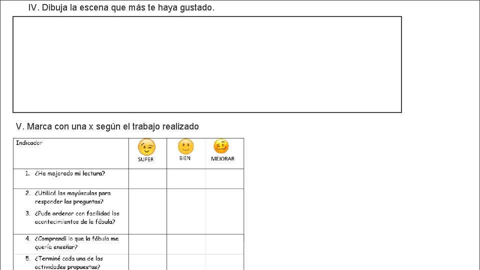 IV. Dibuja la escena que más te haya gustado. V. Marca con una x