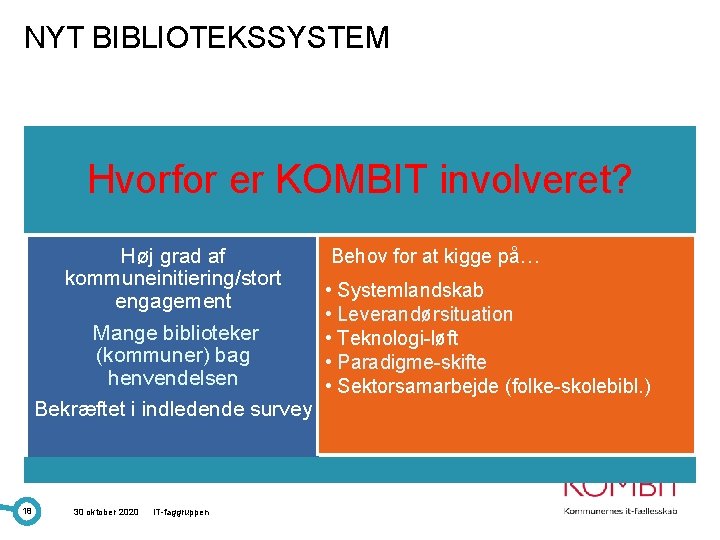 NYT BIBLIOTEKSSYSTEM Hvorfor er KOMBIT involveret? Høj grad af kommuneinitiering/stort engagement Mange biblioteker (kommuner)