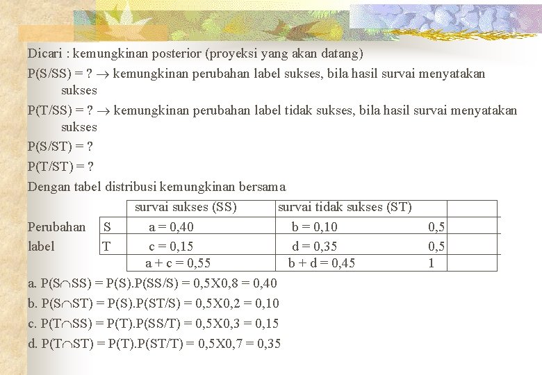 Dicari : kemungkinan posterior (proyeksi yang akan datang) P(S/SS) = ? kemungkinan perubahan label