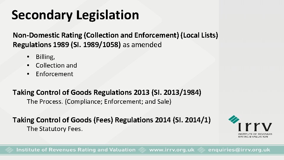 Secondary Legislation Non-Domestic Rating (Collection and Enforcement) (Local Lists) Regulations 1989 (SI. 1989/1058) as