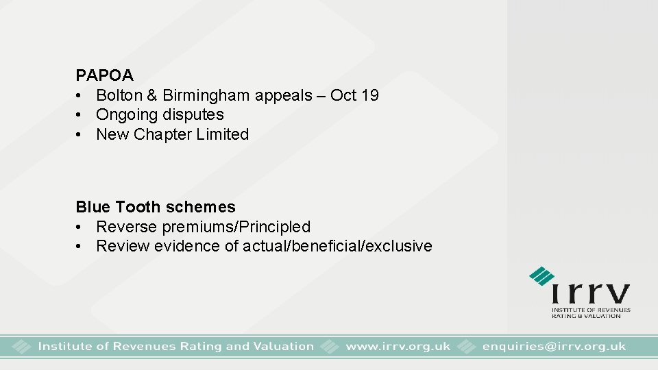 PAPOA • Bolton & Birmingham appeals – Oct 19 • Ongoing disputes • New