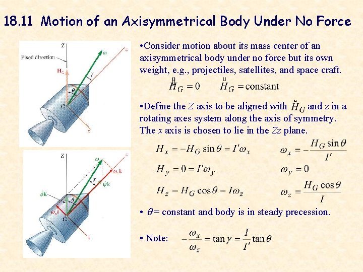 18. 11 Motion of an Axisymmetrical Body Under No Force • Consider motion about