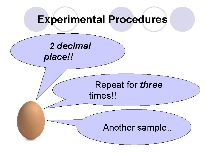 Experimental Procedures l 2 decimal place!! l. Repeat for three times!! l. Another sample.