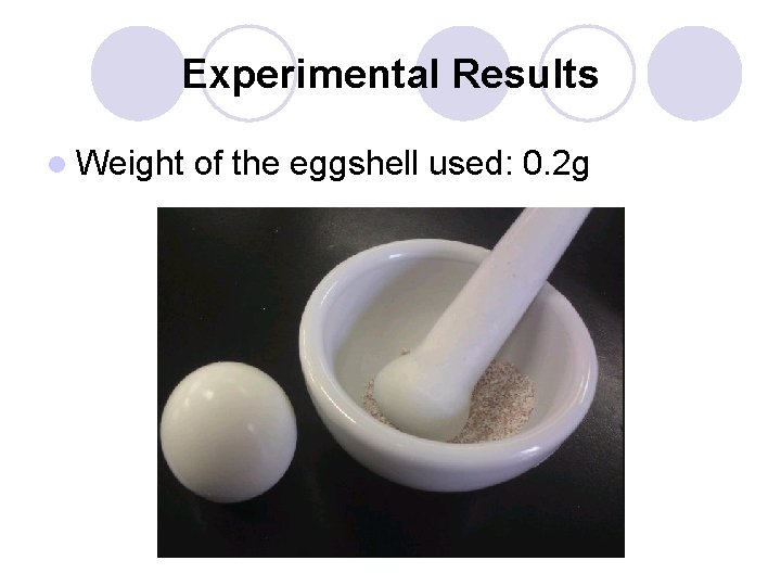 Experimental Results l Weight of the eggshell used: 0. 2 g 