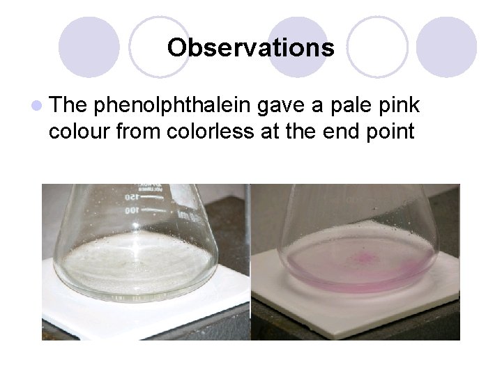 Observations l The phenolphthalein gave a pale pink colour from colorless at the end